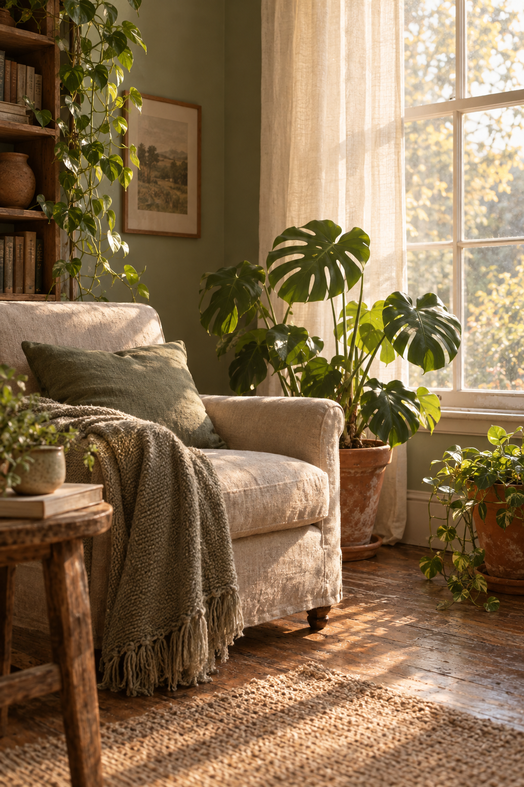 A sunlit reading corner with a linen chair, soft blanket, and houseplants by a bright window