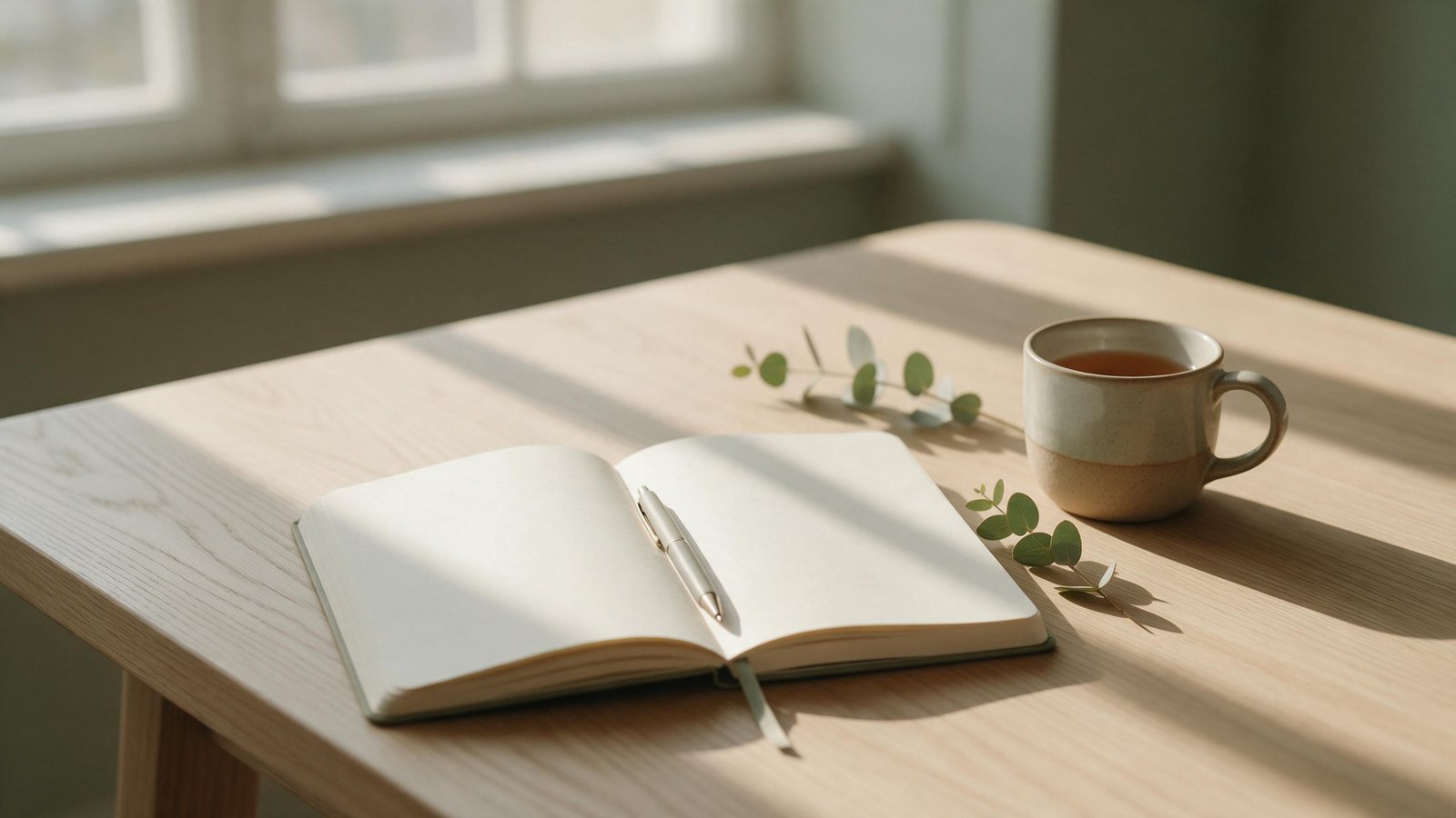 An open blank journal, pen, and a ceramic mug of tea on a pale wood table in morning light